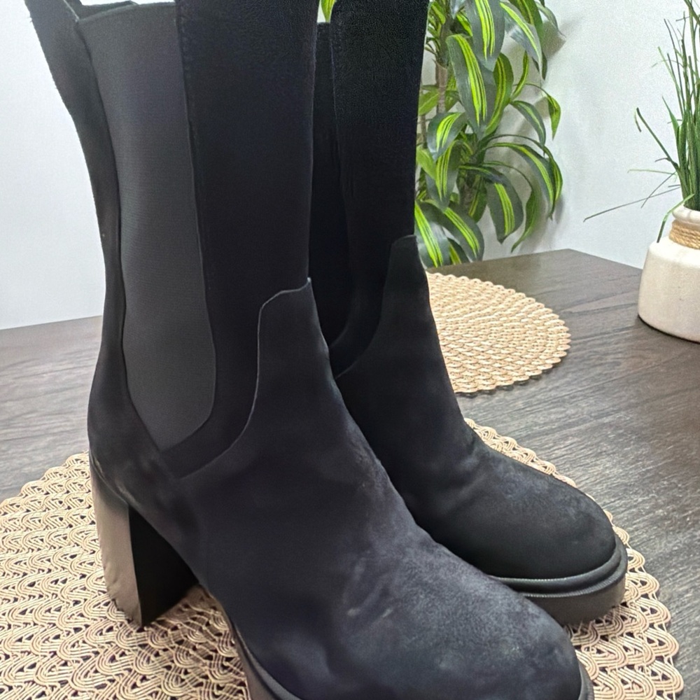 Women's Black Suede Platform Chelsea Booties with Block Heel